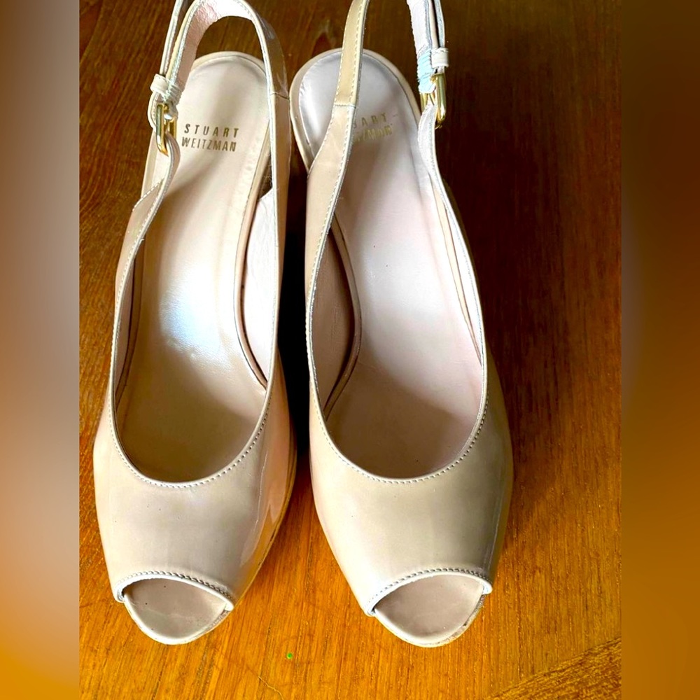 Stuart Weitzman Nude patent leather and cork wedge sandals